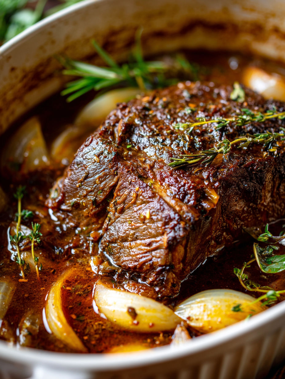A close up of a pork shoulder in a stew.