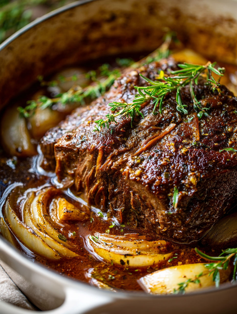 A close up of a pork shoulder in a pot of apple cider.