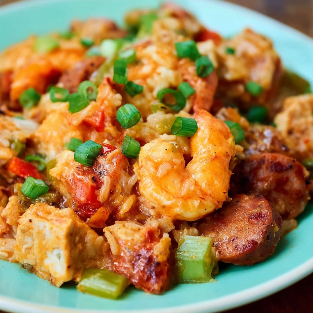 A plate of jambalaya with shrimp and vegetables.