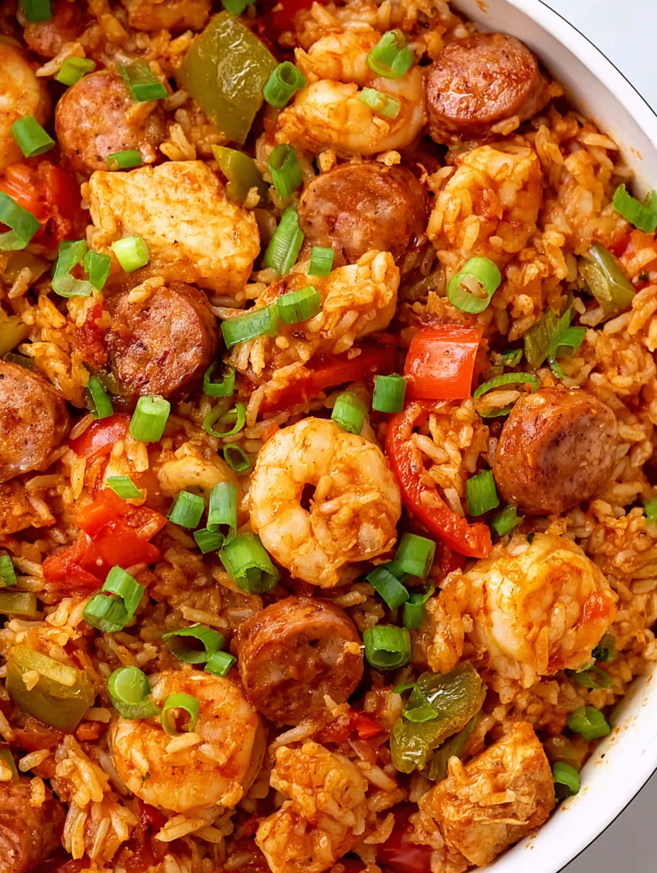 A dish of jambalaya with shrimp, sausage, and rice.