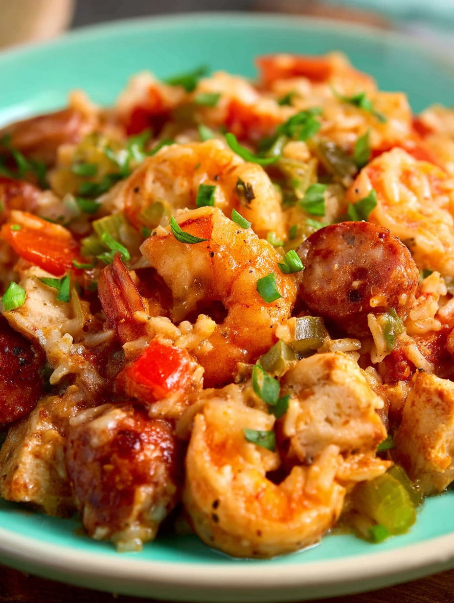 A plate of jambalaya with shrimp and vegetables.