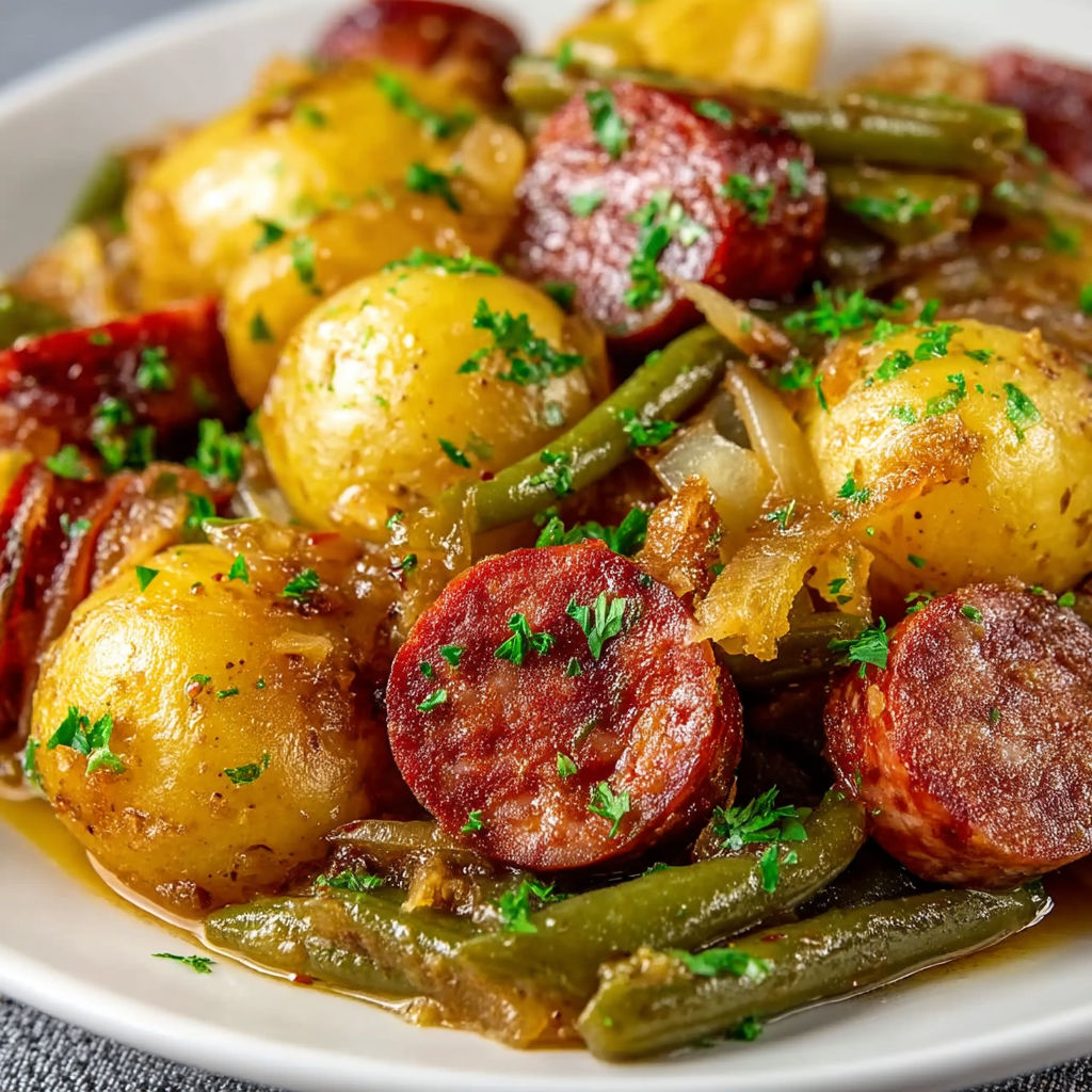 A plate of food with potatoes and sausage.