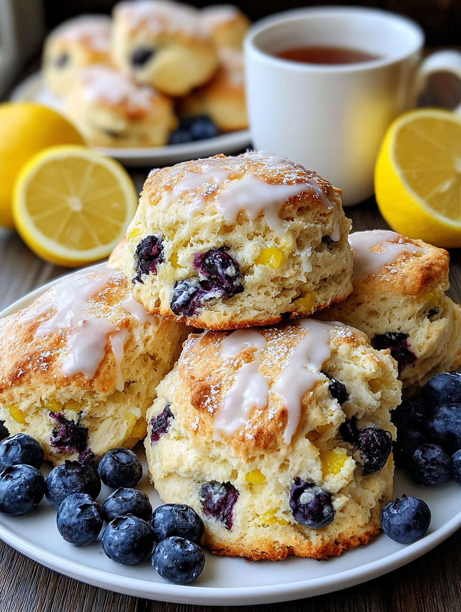 A stack of fluffy blueberry lemon scones.