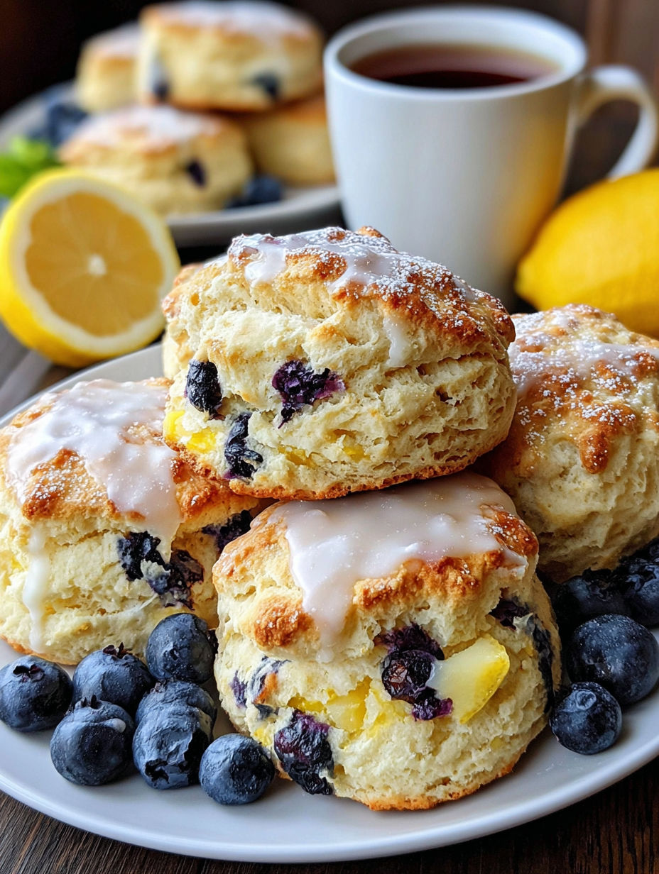 A stack of fluffy blueberry lemon scones.