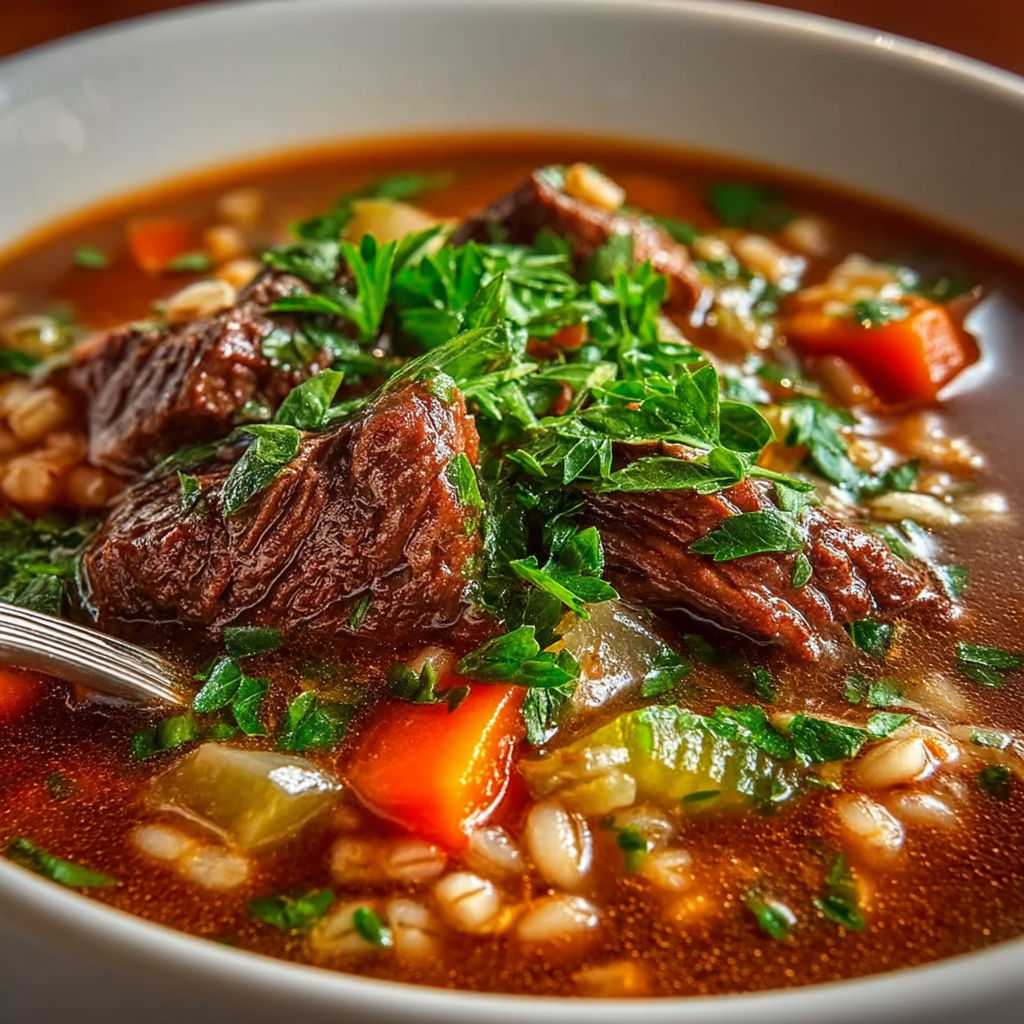 A bowl of beef barley soup with green herbs on top.