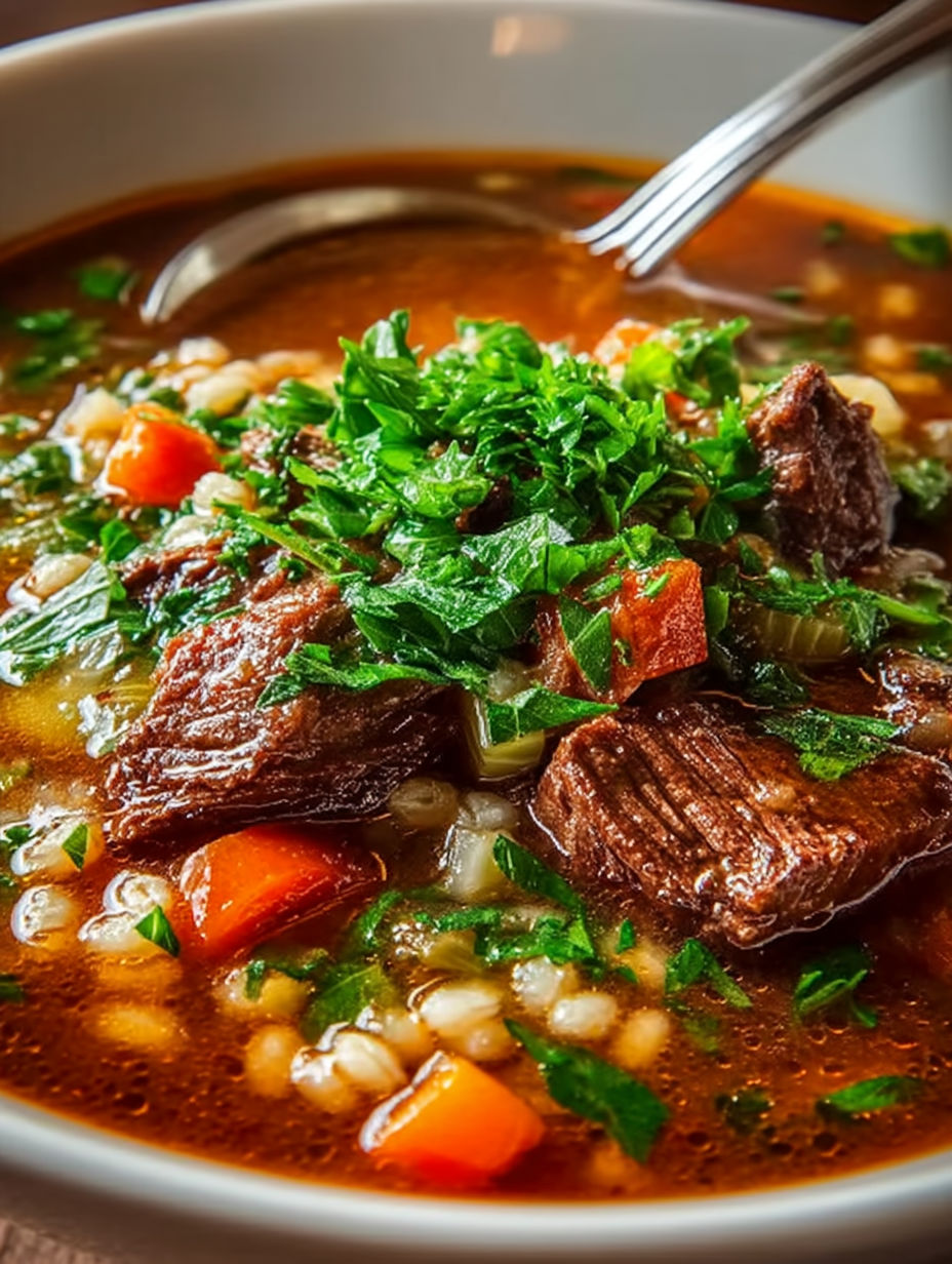 A bowl of beef barley soup with a spoon in it.