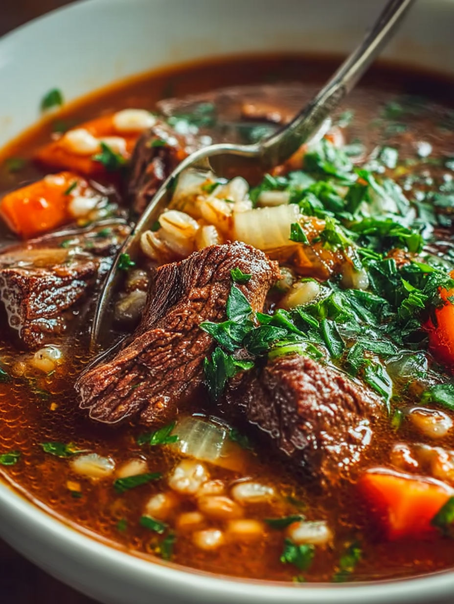 A bowl of beef barley soup with a spoon in it.