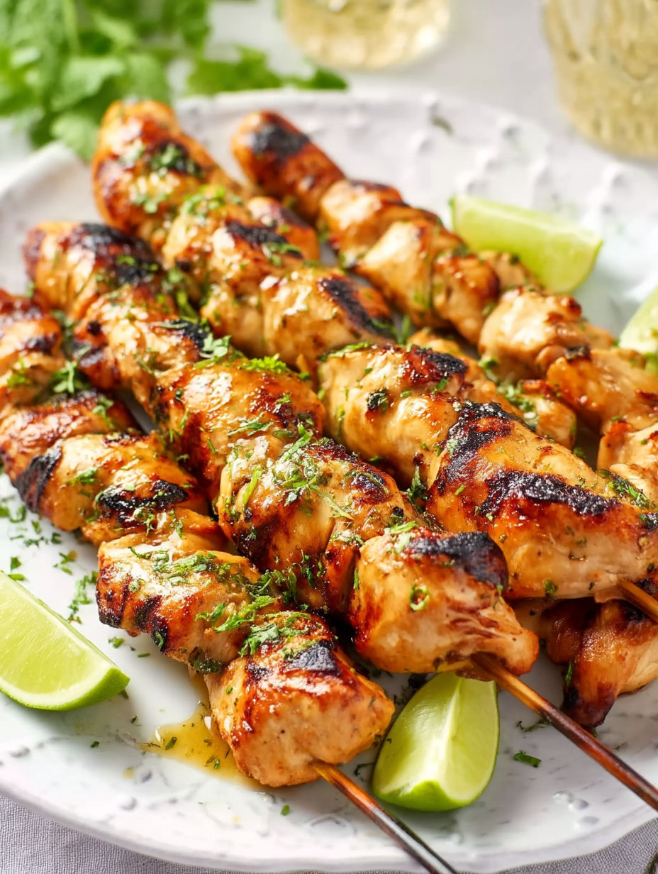 Grilled chicken skewers with honey and lime.