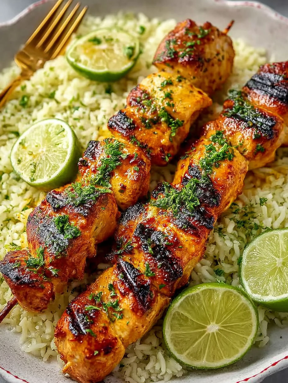 Grilled Honey Lime Chicken Skewers with rice and lime wedges.