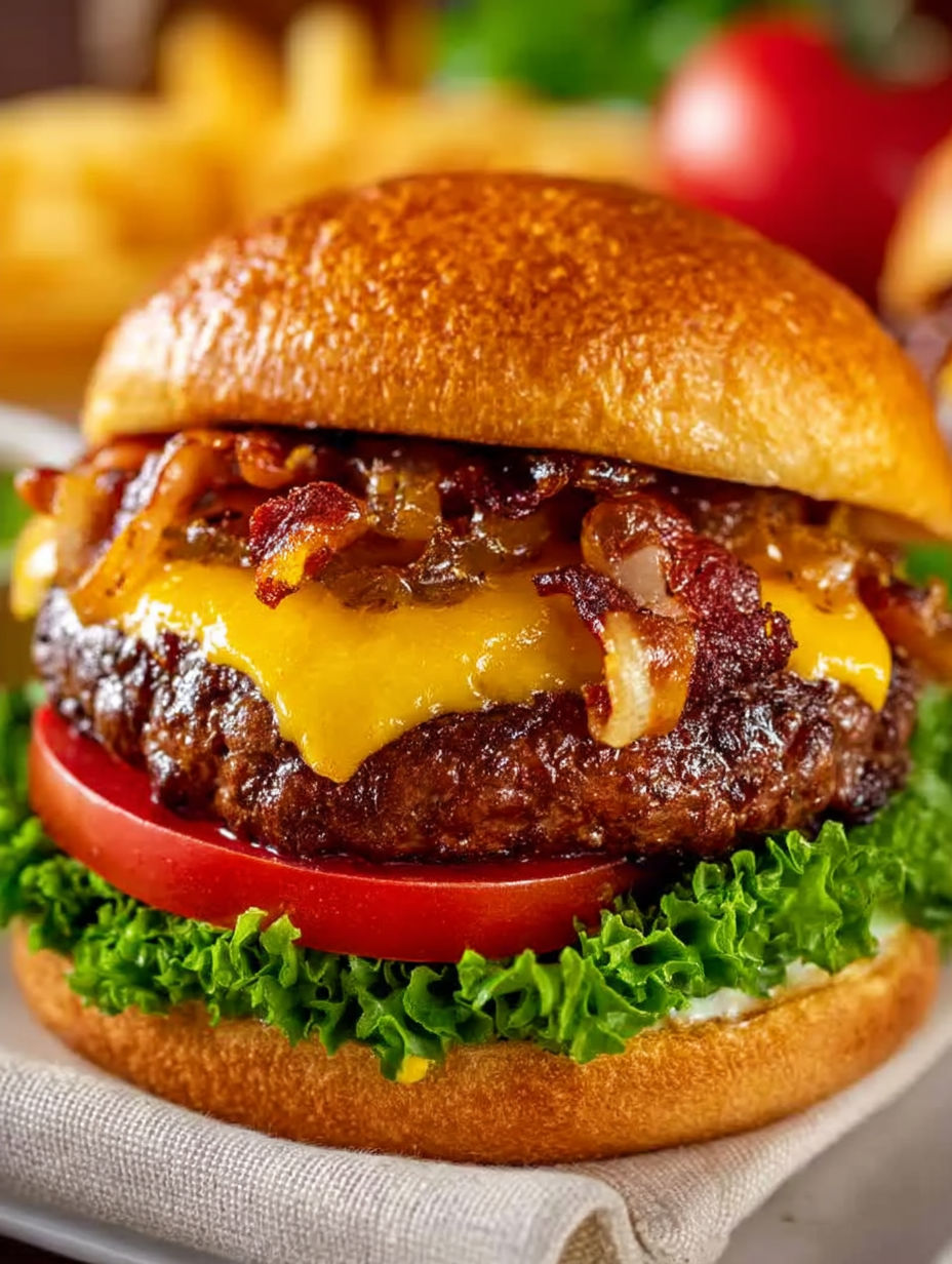 A close up of a grilled bacon cheeseburger.