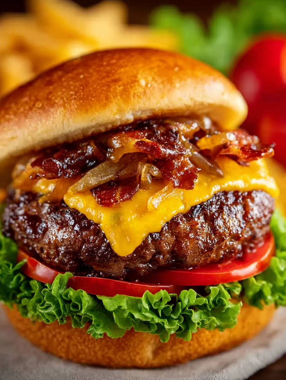 A close up of a grilled bacon cheeseburger.