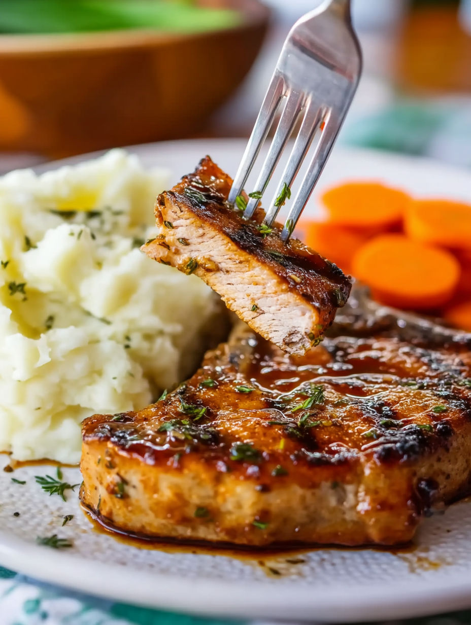 Grilled Balsamic Pork Chops with Mashed Potatoes and Carrots.