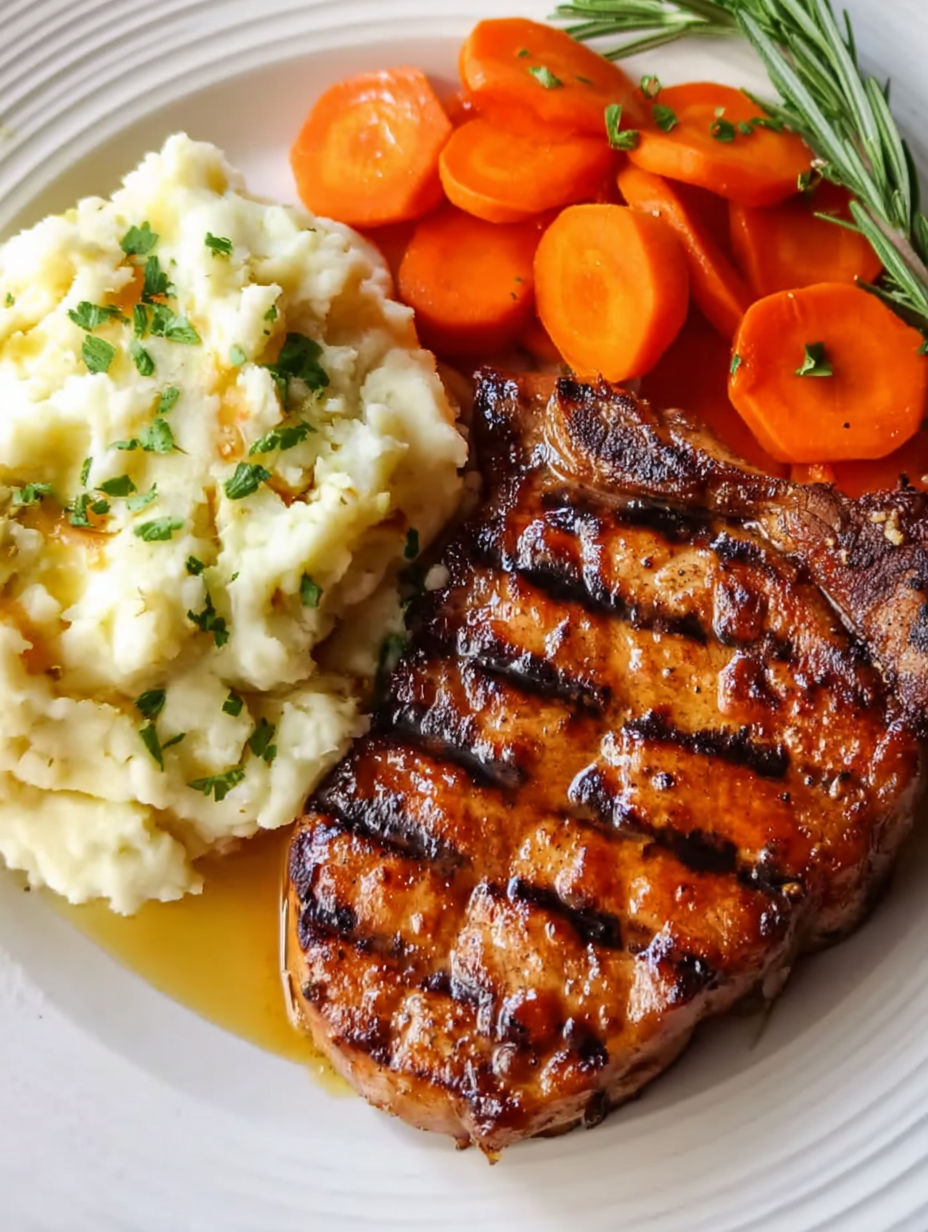 Grilled Balsamic Pork Chops with Mashed Potatoes and Carrots.