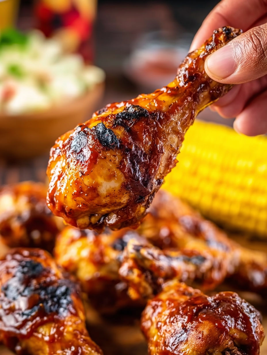 A person is holding a piece of grilled chicken.