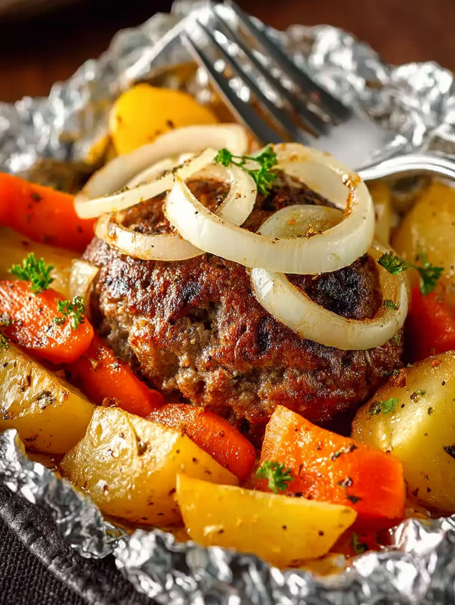 A hamburger with onions and carrots on top.