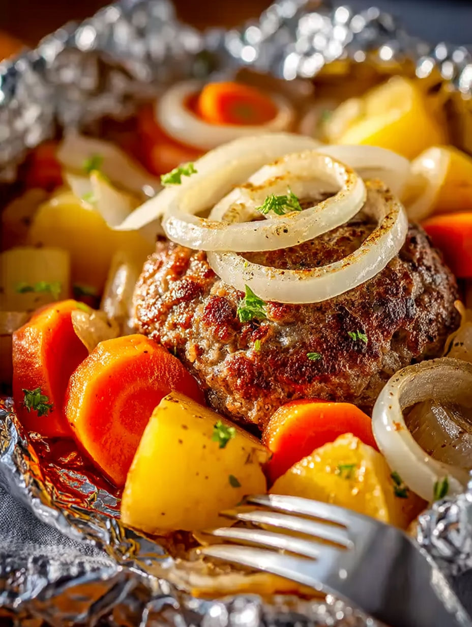 Hamburger with onions and carrots.