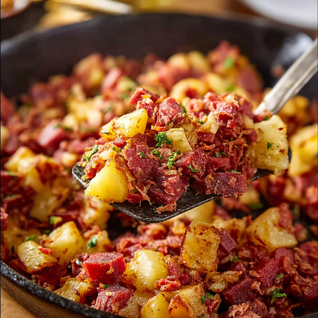A spoon is being used to scoop up corned beef hash.