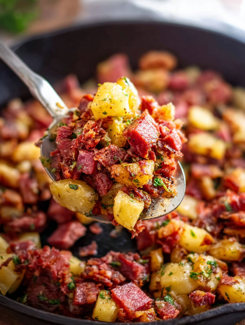 A spoonful of corned beef hash.