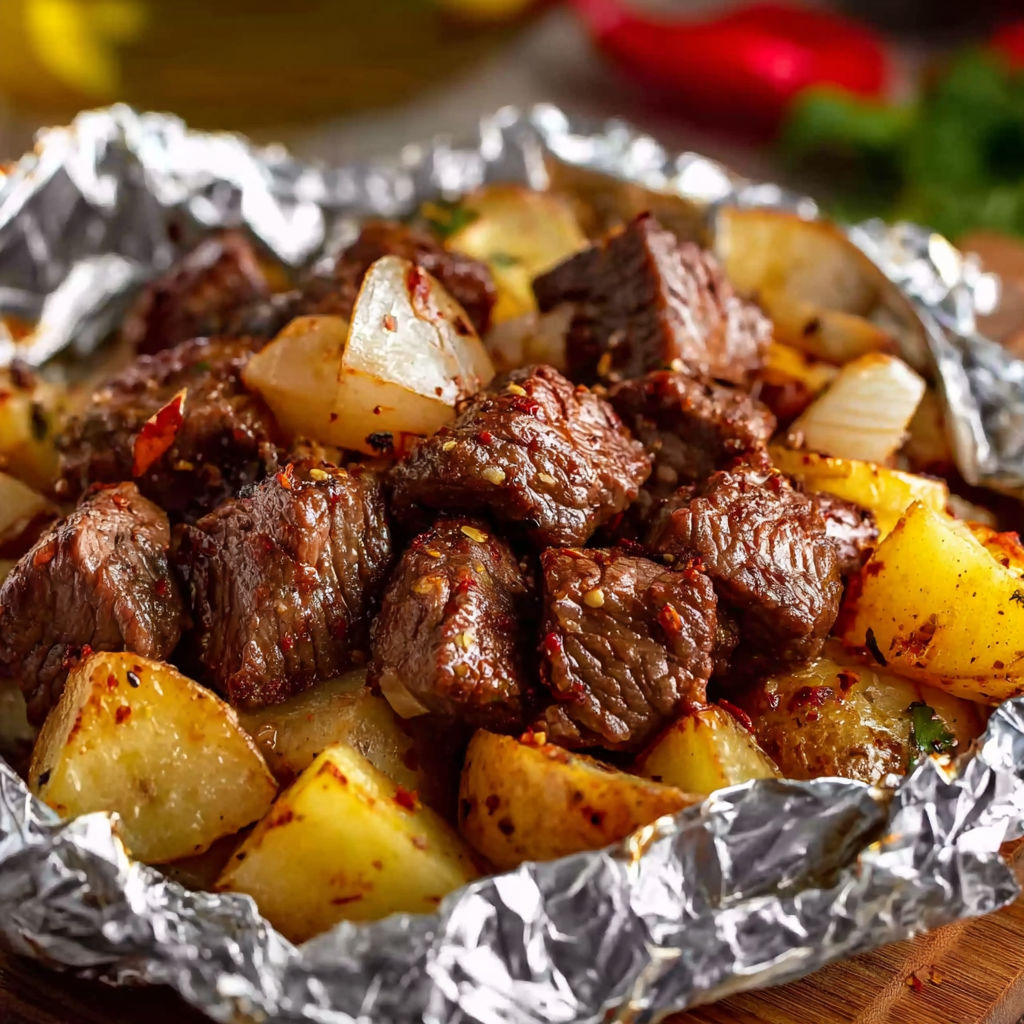 A close up of a grilled steak and potato packets.