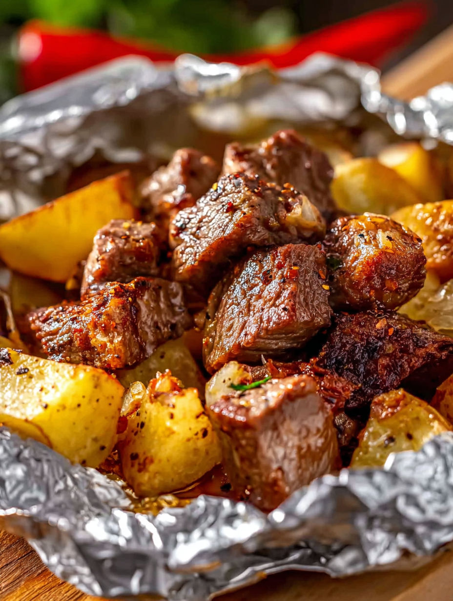 A close up of a grilled steak and potato packets.