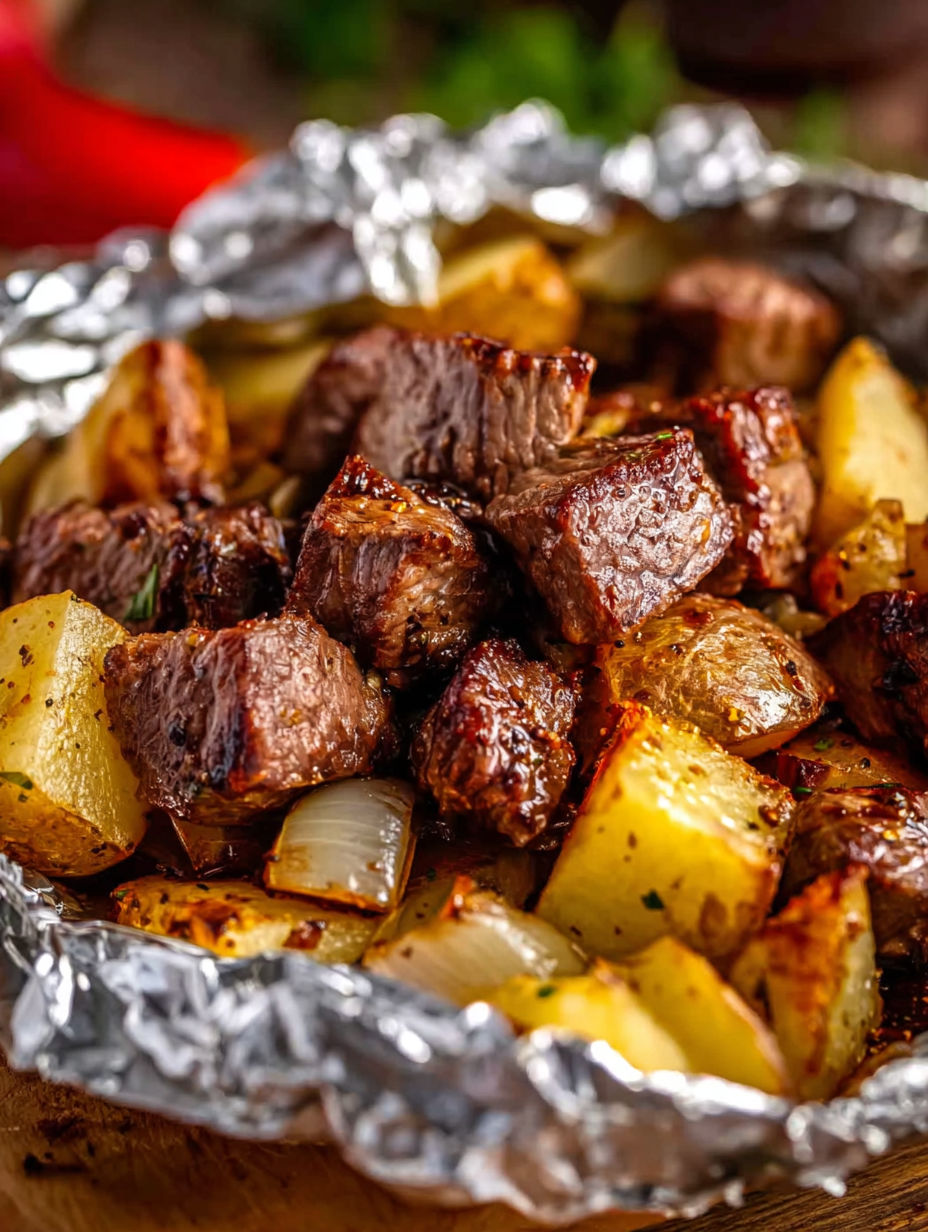 A close up of a grilled steak and potato packets.