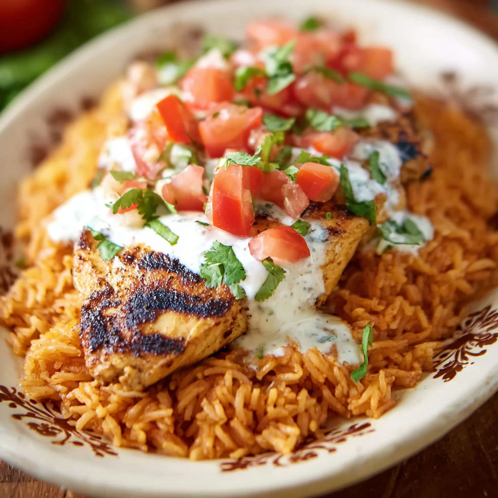 A plate of grilled chicken with tomatoes and sour cream.