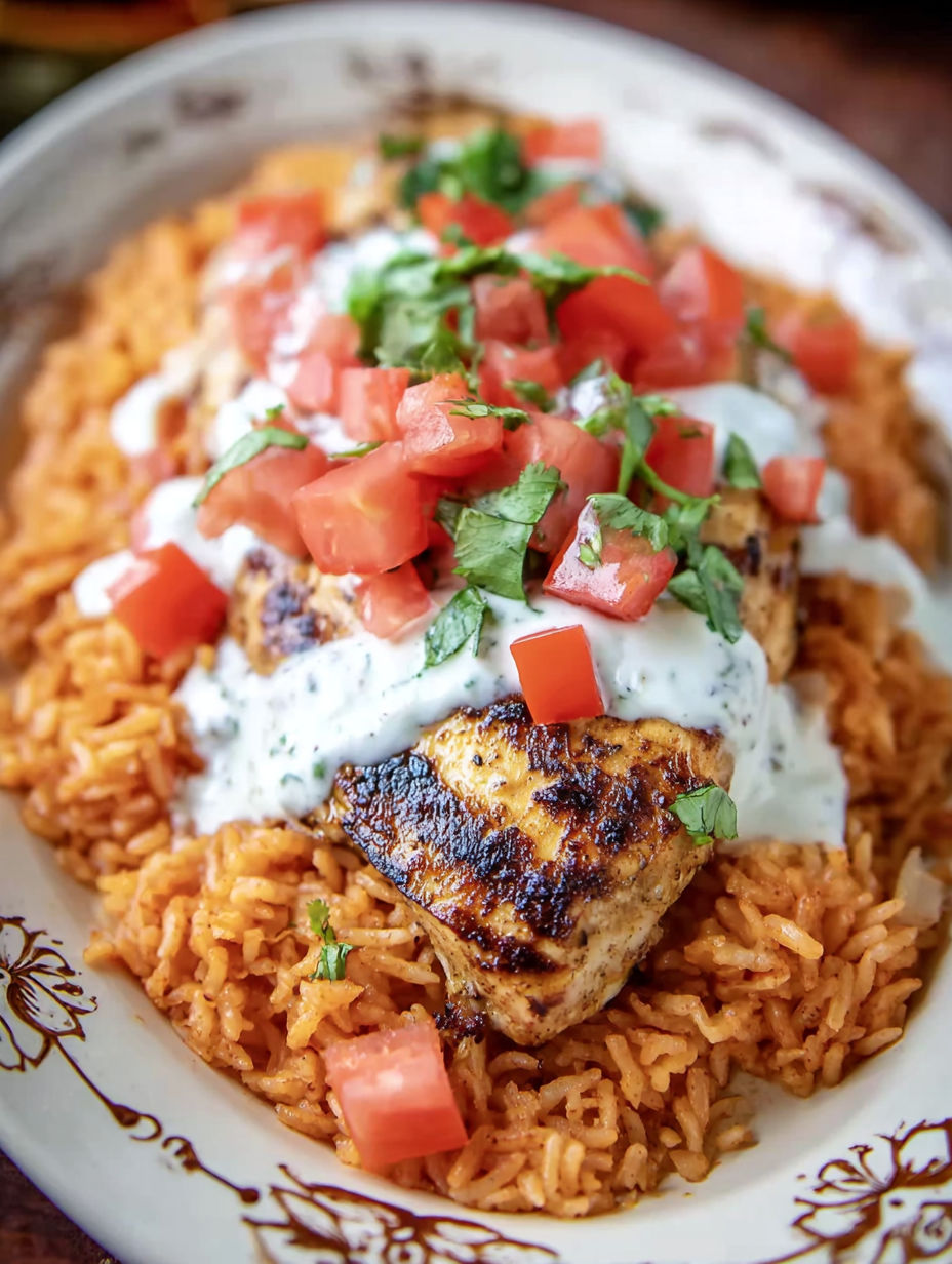 A plate of grilled chicken with tomatoes and sour cream.