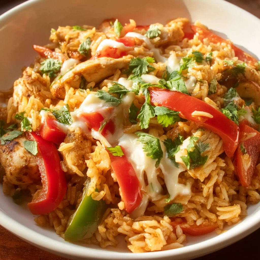 A bowl of rice with chicken and vegetables.