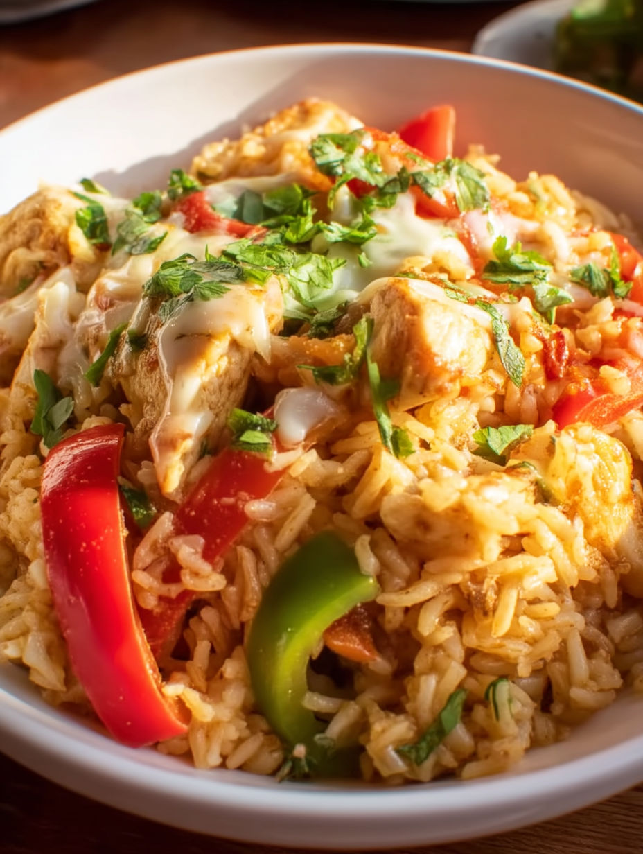 A bowl of rice with chicken and vegetables.