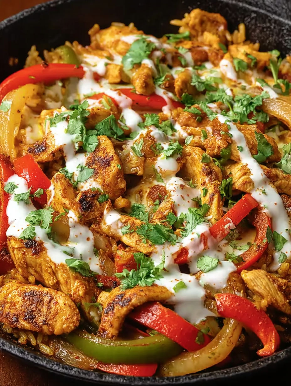 A dish of chicken and peppers with a white sauce.