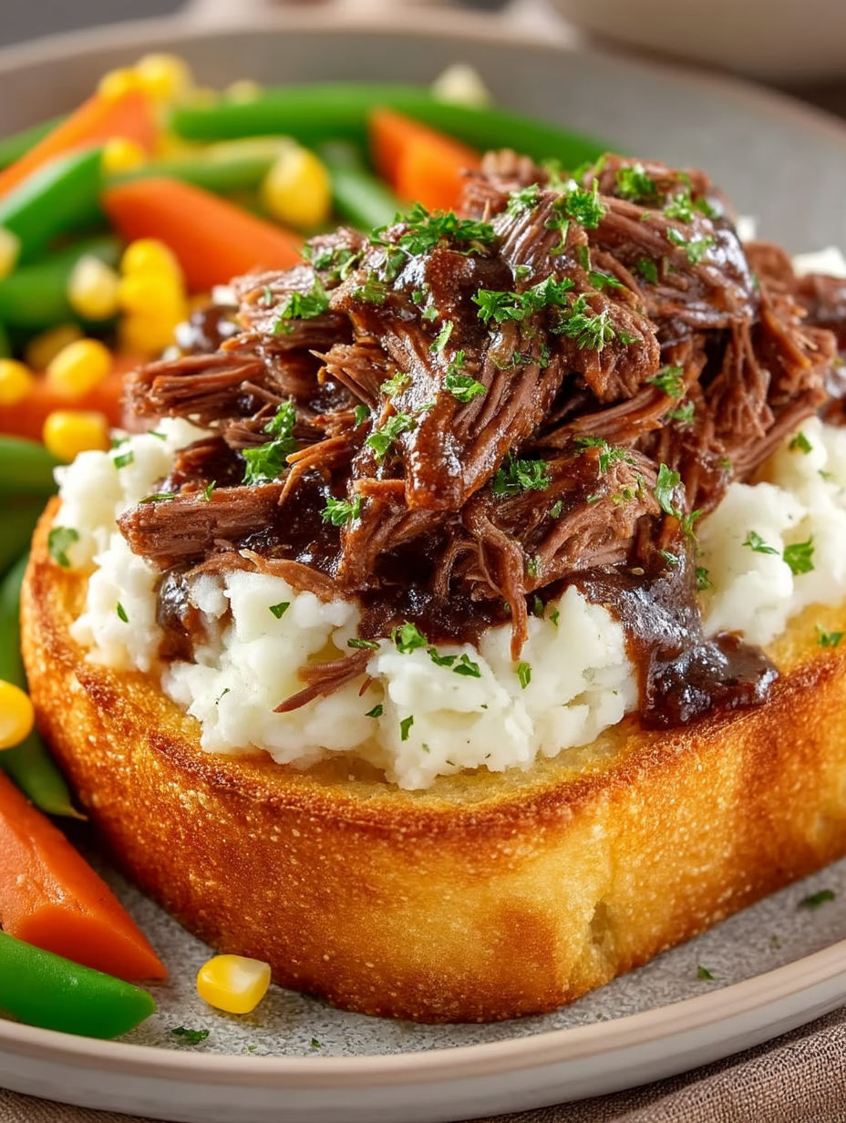 A close up of a beef manhattan with mashed potatoes and vegetables.