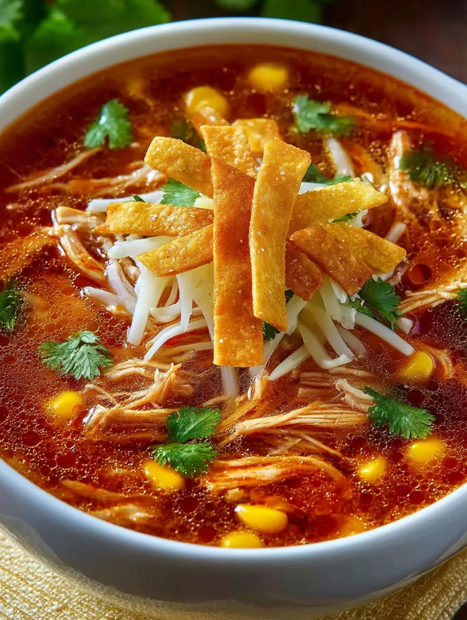 A bowl of chicken tortilla soup with a piece of tortilla on top.