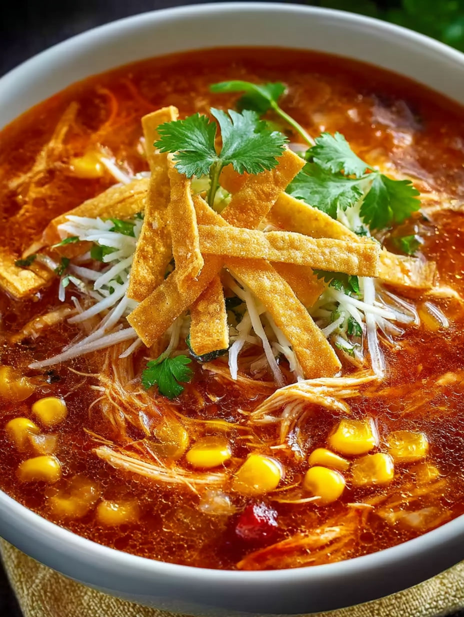 A bowl of chicken tortilla soup with chips on top.