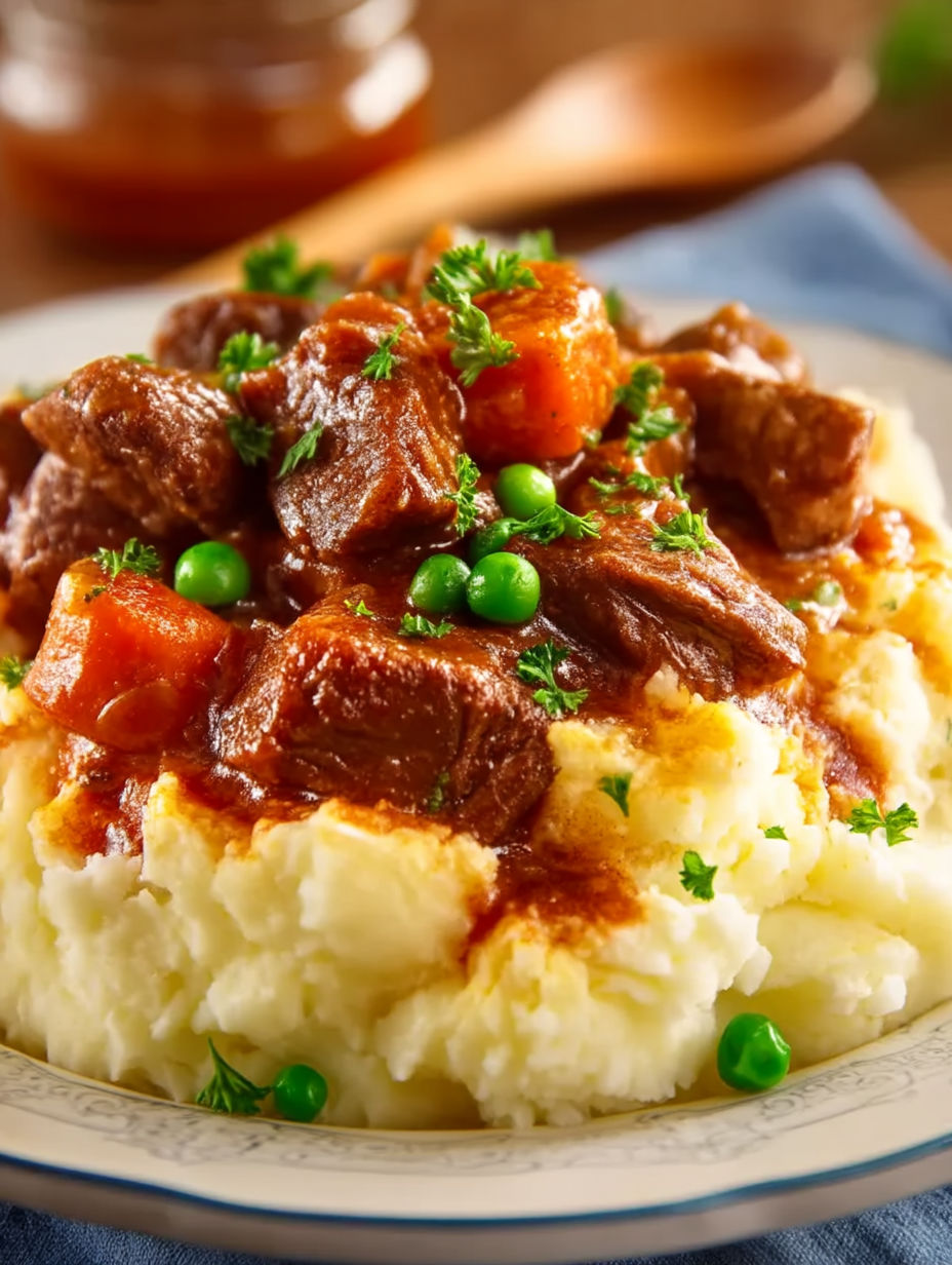 A plate of beef stew with peas and carrots.