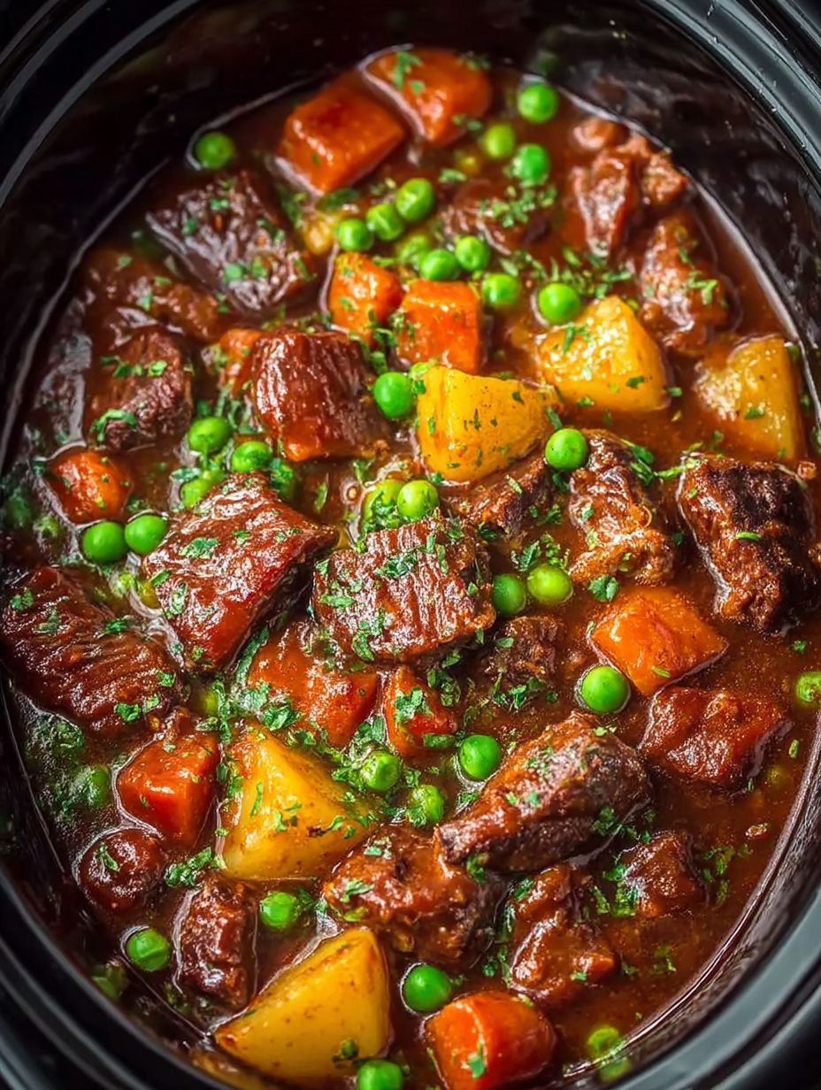 A close up of a crock pot with a beef stew.