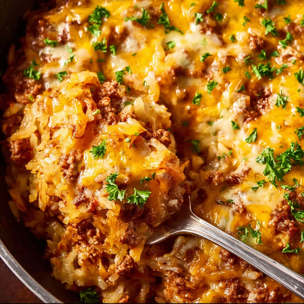 A close up of a crock pot sloppy joe hash brown casserole.