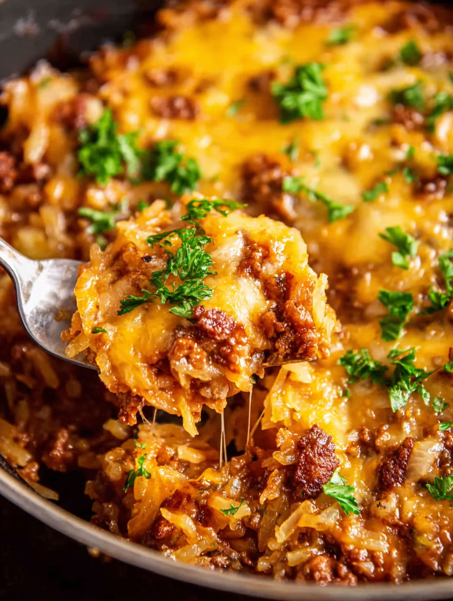 A close up of a crock pot sloppy joe hash brown casserole.