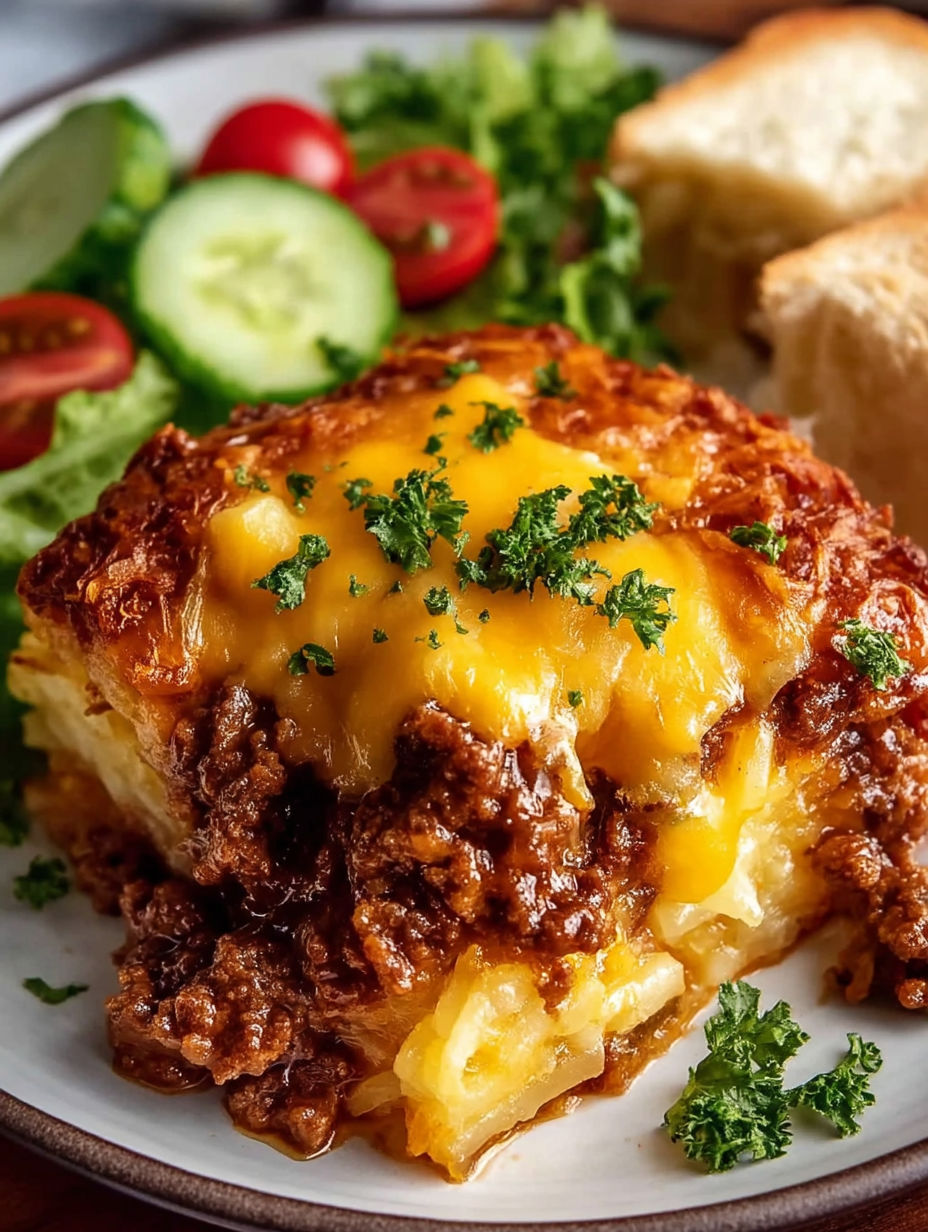 A close up of a delicious crock pot sloppy joe hash brown casserole.