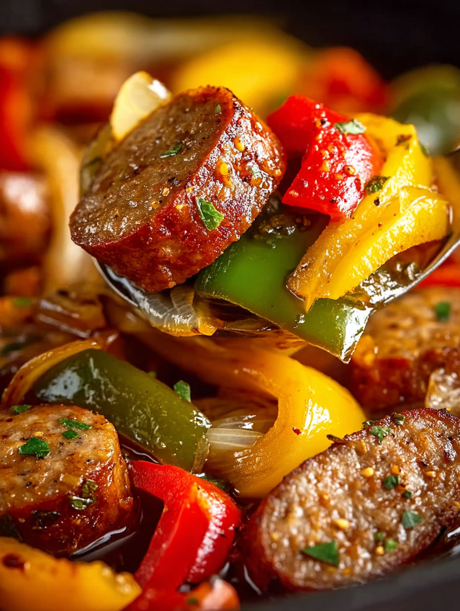 A close up of a crock pot with sausage and peppers.
