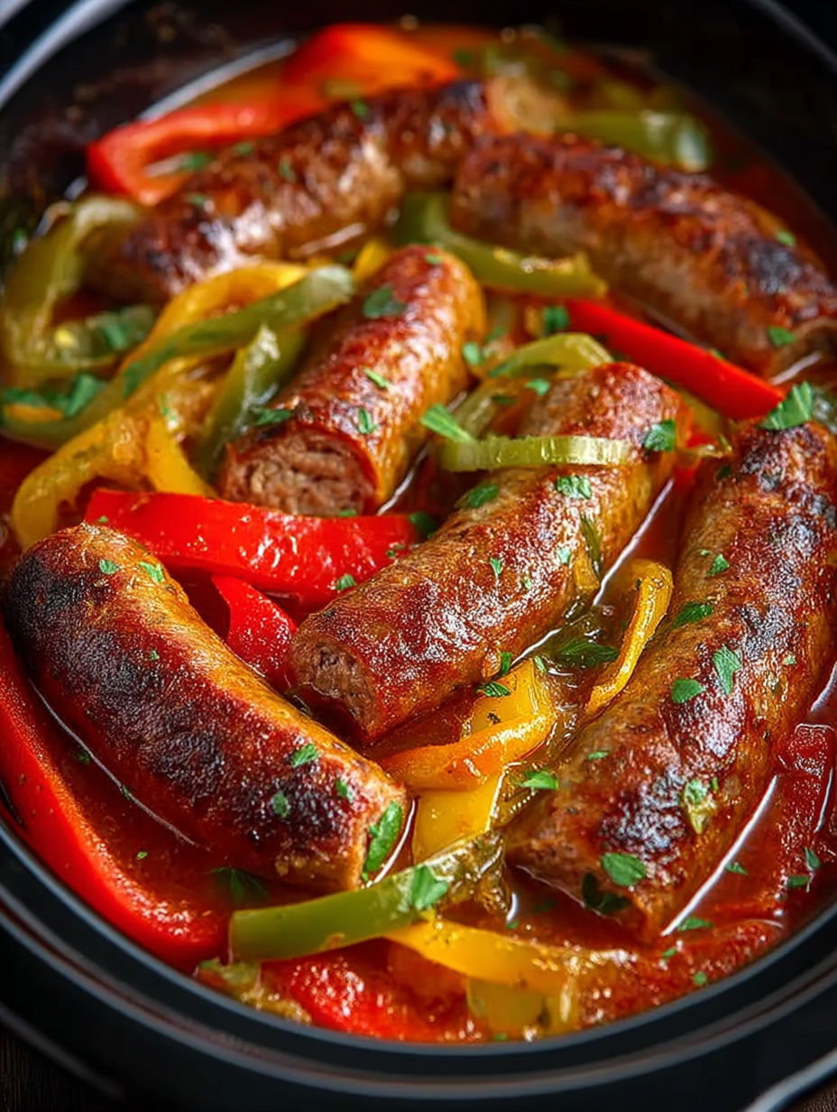 A crock pot filled with sausage and peppers.