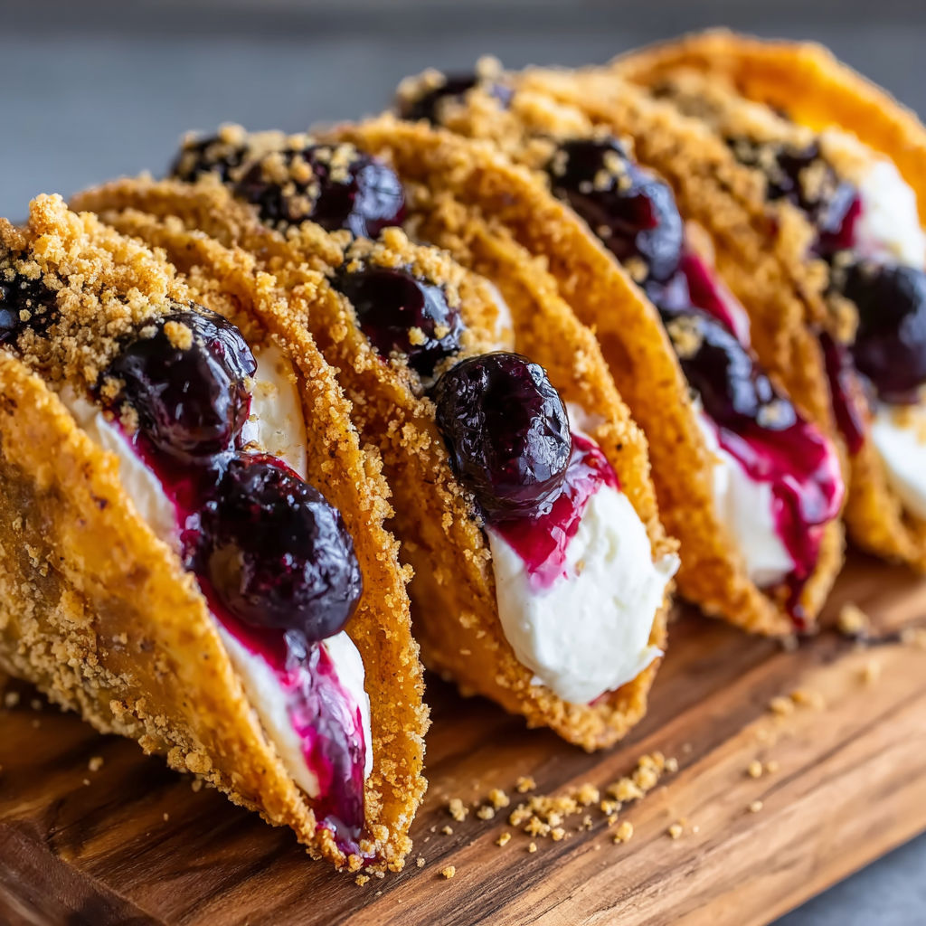 A taco shell with blueberries and whipped cream.