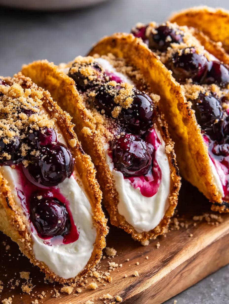 A taco shell filled with blueberry cheesecake.