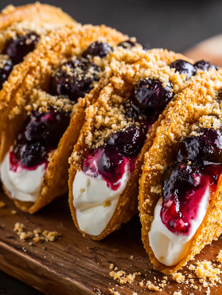 A taco shell filled with blueberry cheesecake.
