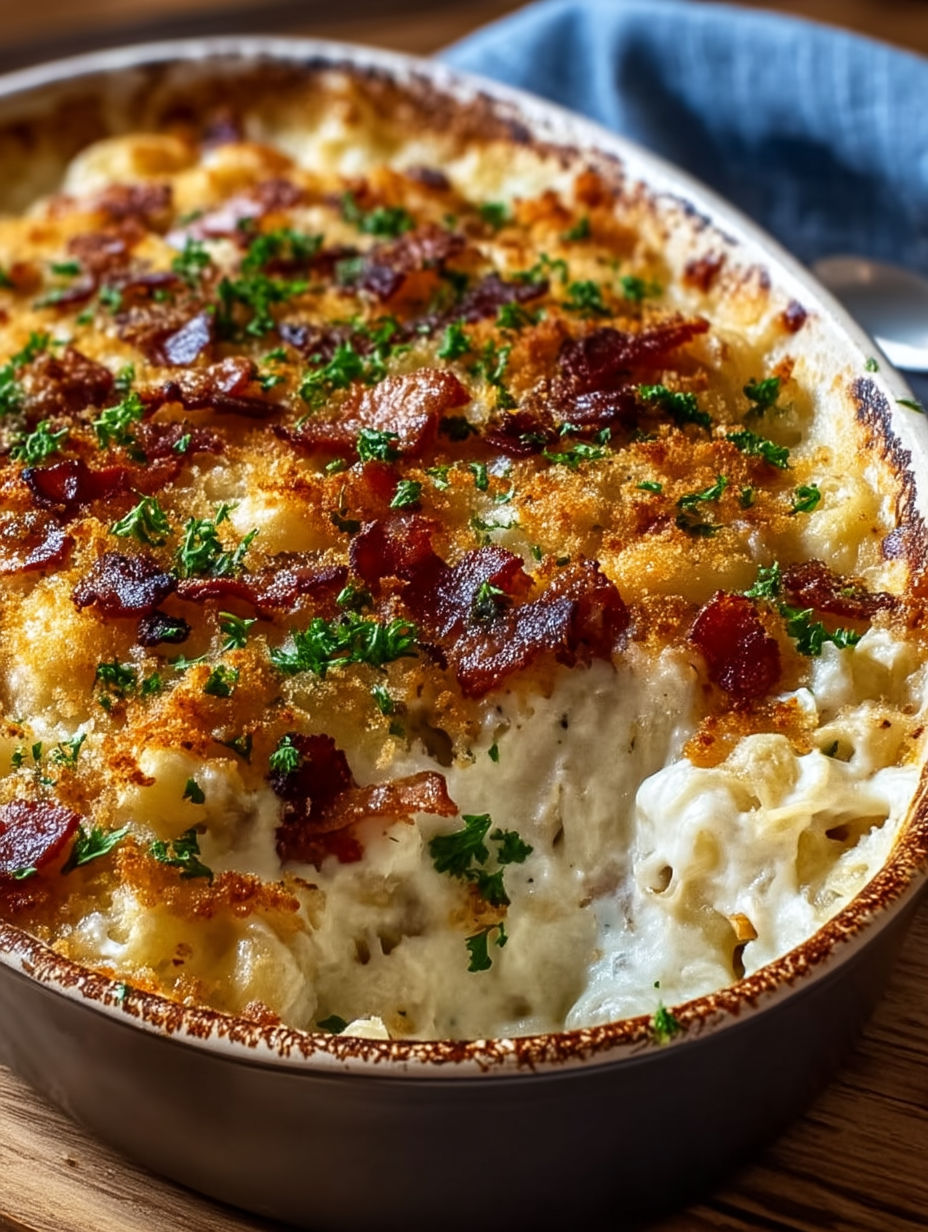 A casserole with bacon and cheese.