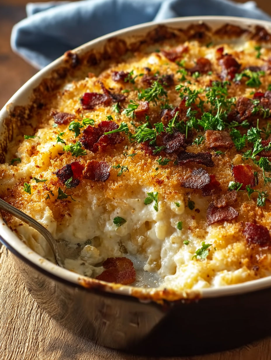 A casserole with bacon and cheese.