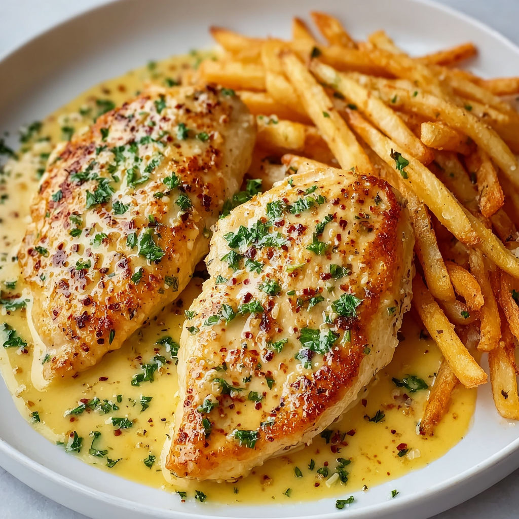 A plate of garlic Parmesan chicken with fries.