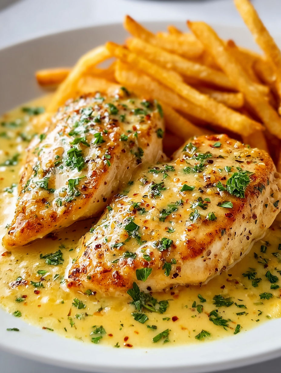 A plate of garlic parmesan chicken with fries.