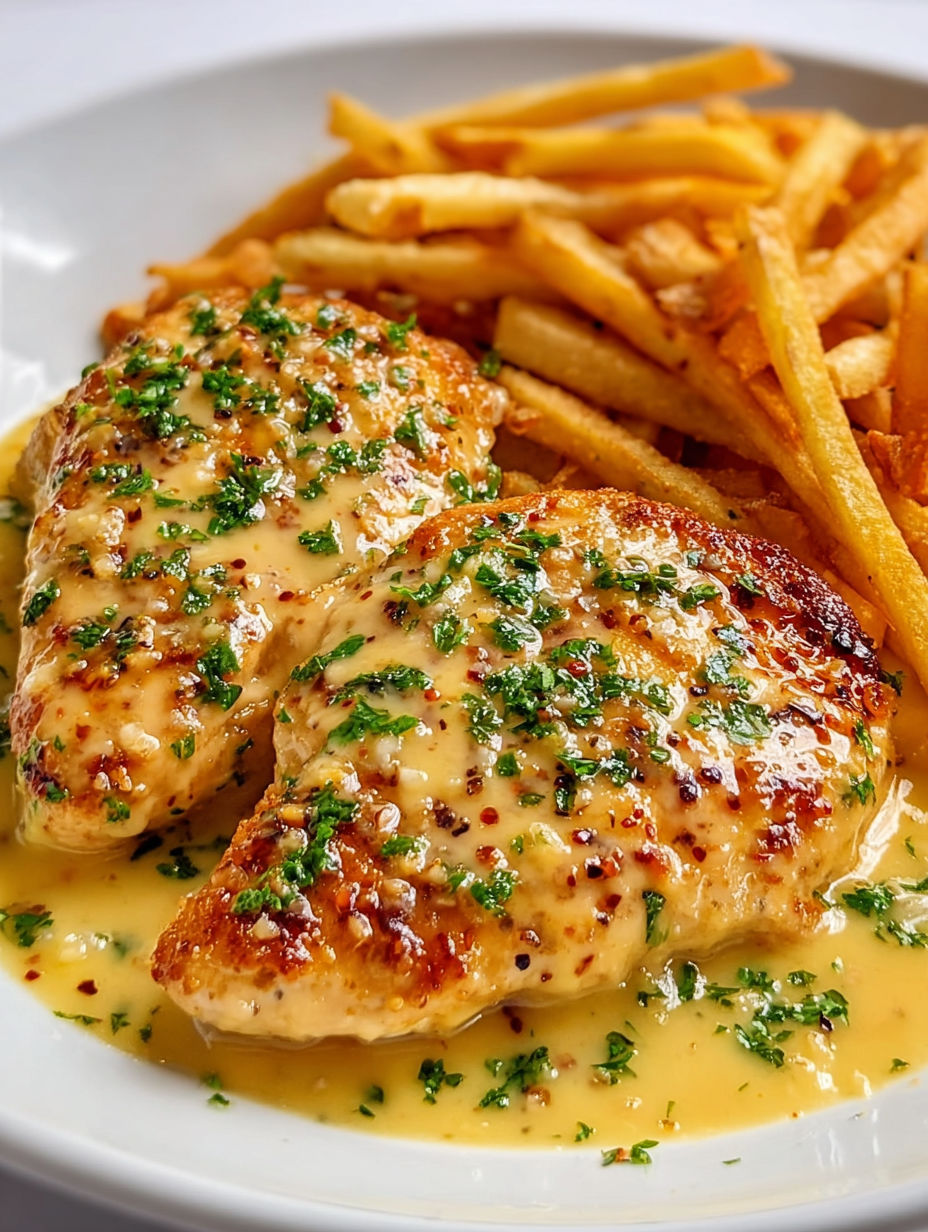 A plate of garlic parmesan chicken with fries.