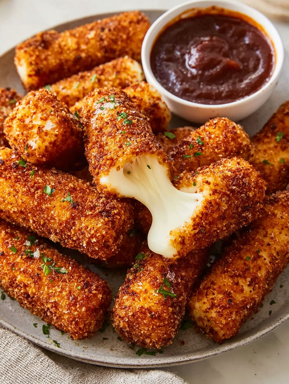 A plate of crispy Nashville hot mozzarella sticks.