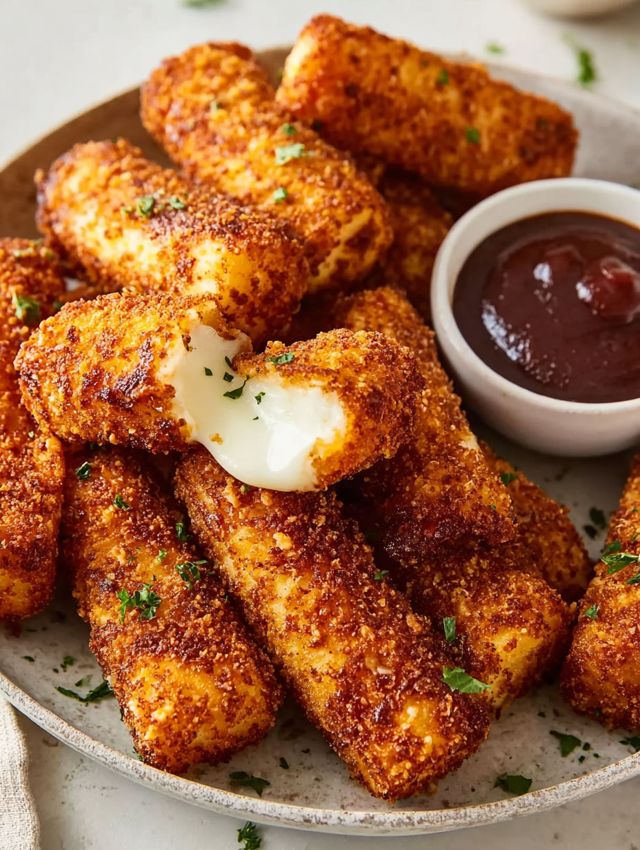 A plate of crispy Nashville hot mozzarella sticks.